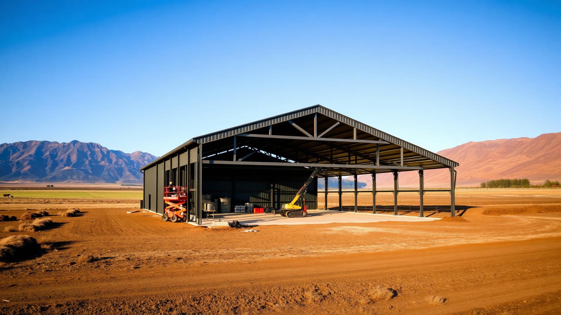 Steel portal-frame shed under construction on a Canterbury farm